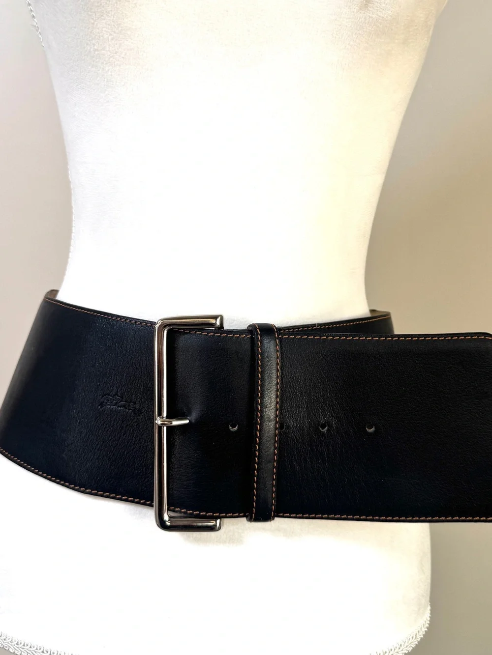 Longchamp Black 5” Wide Leather Corset Belt w/ Silver Buckle Luxury France 766-2